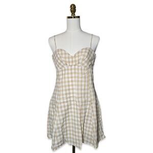 Promesa Gingham Mini Dress Women’s Large Tan White Check Fit Flare Lined NWT